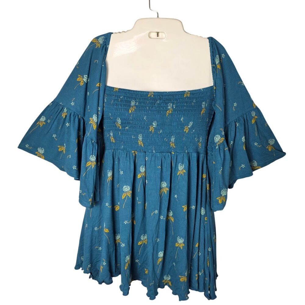 Free People Teal Blue Floral Smocked Square Neck Blouse XS 🦋 ✨